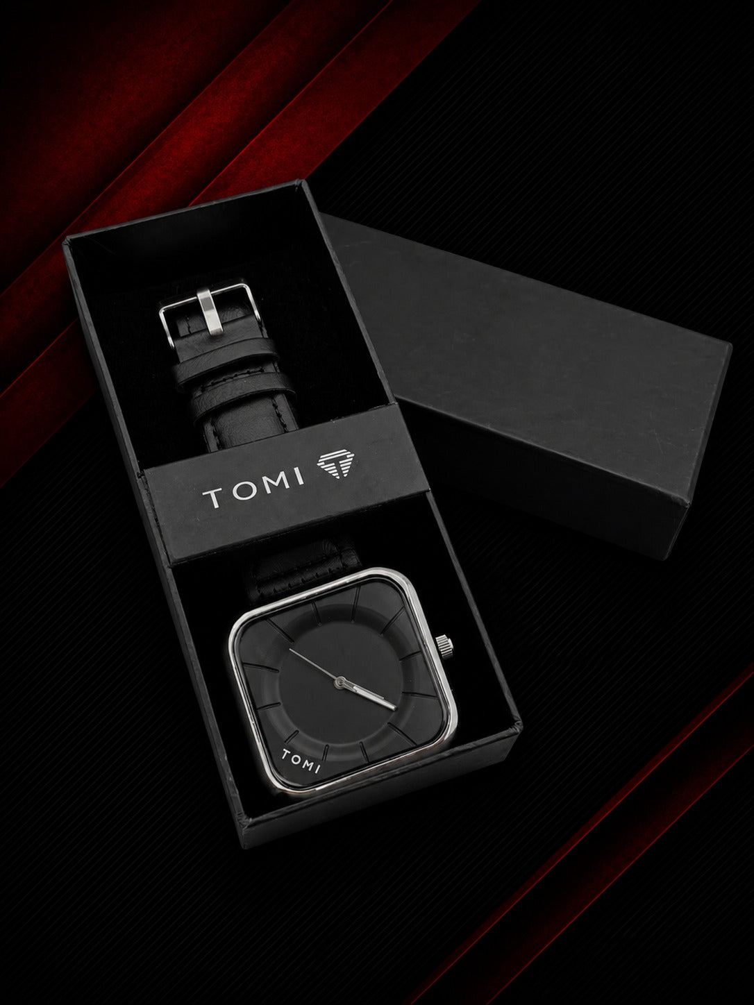 TOMI Men’s Classic Black Square Watch – Leather Strap