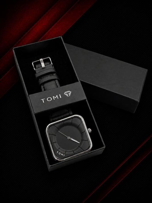 TOMI Men’s Classic Black Square Watch – Leather Strap