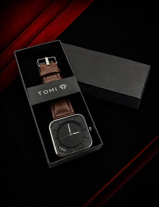 TOMI Men’s Classic Black Square Watch – Leather Strap