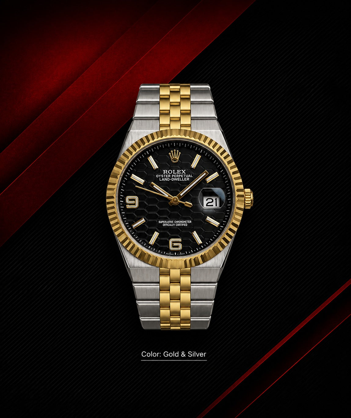 Rolex Land-Dweller Men’s Watch – Gold & Silver Two-Tone, Black Honeycomb Dial, Date Display